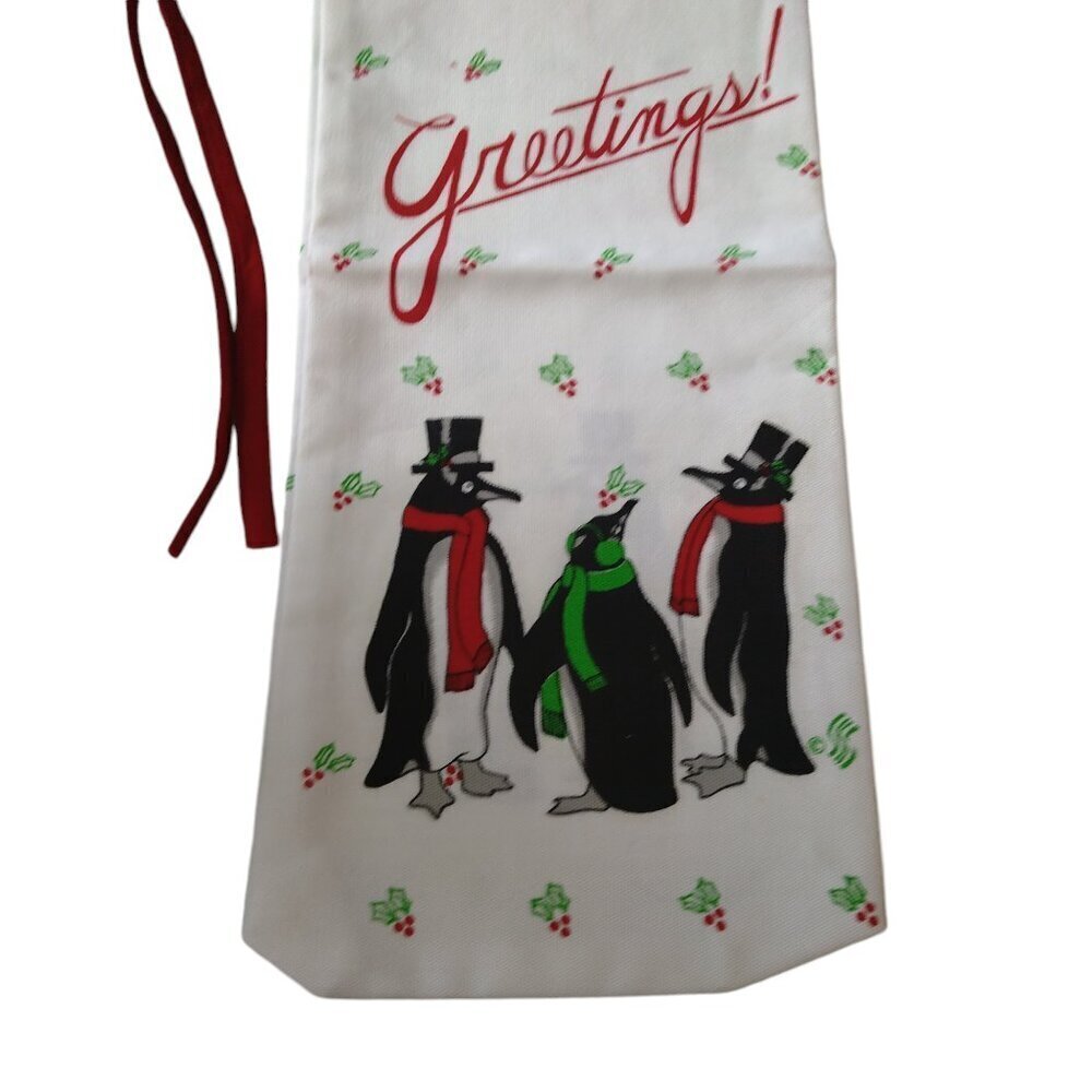 Wine Bottle Cloth Gift Bag Christmas Greetings Penguins Holly With Red Tie CB1 - Picture 3 of 4